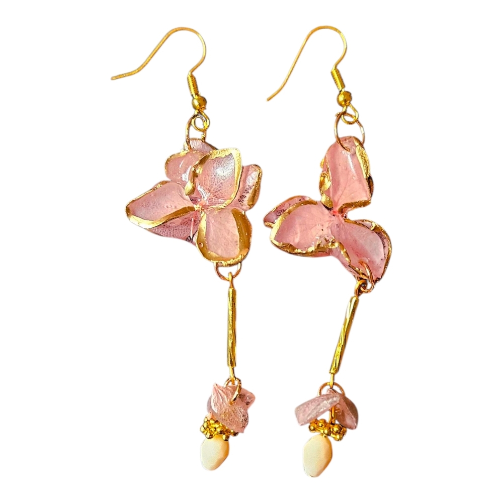 Chic Gold and Pink Floral Drop Earrings